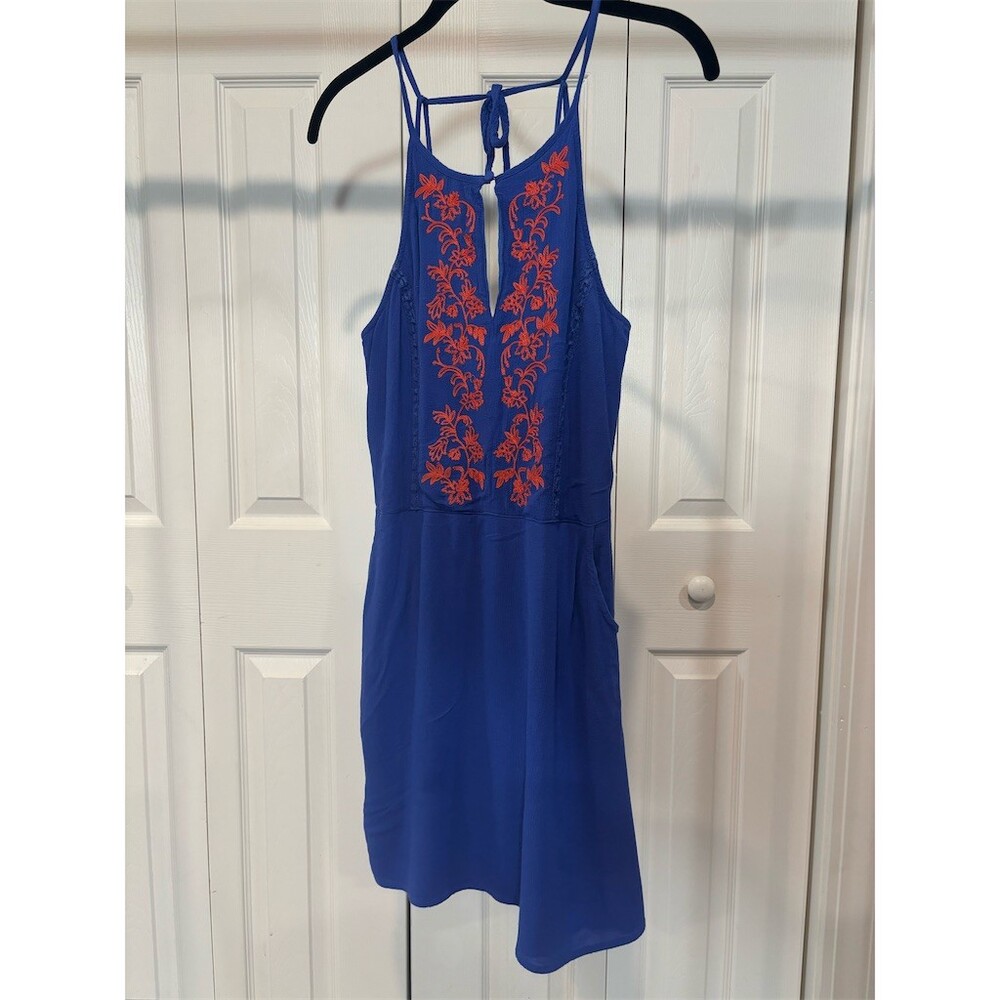 Blue Miss Me Sundress Orange Embroidery Womens Size M Tie Back With Pockets